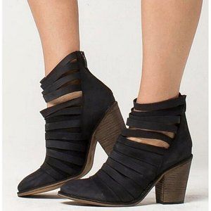 Free People Hybrid Heel Boots Black Leather Destroyed Strappy Edgy Ankle Booties